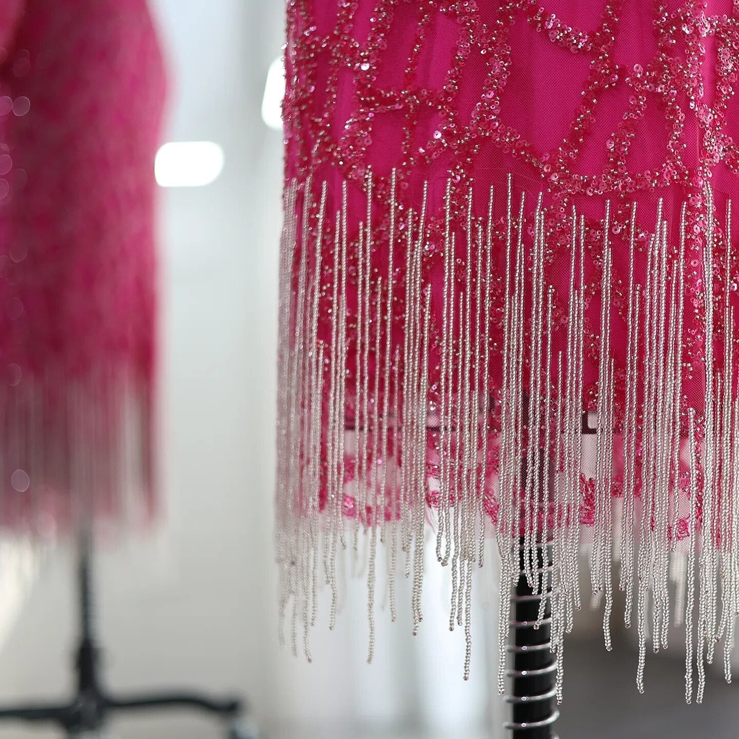 Luxury Tassel Fuchsia Long Sleeve Evening Dress SS347