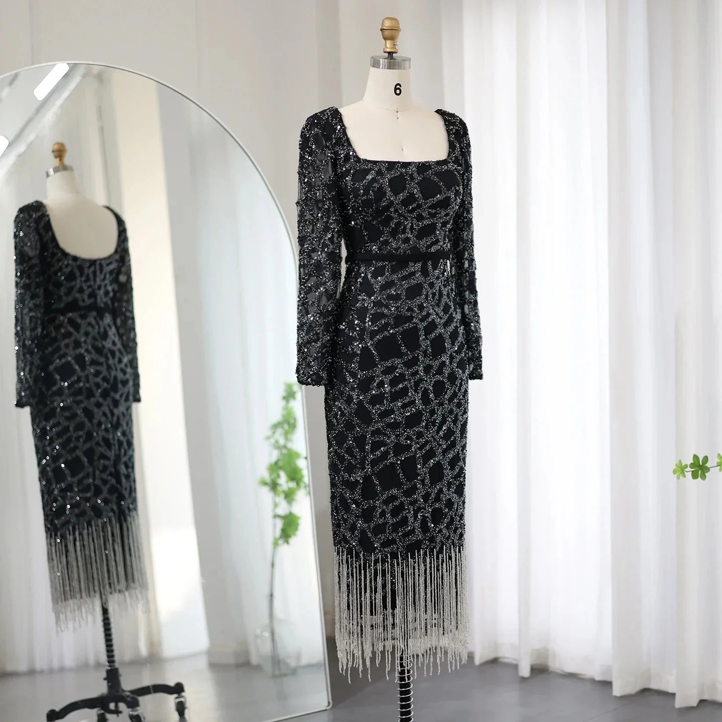 Luxury Tassel Fuchsia Long Sleeve Evening Dress SS347