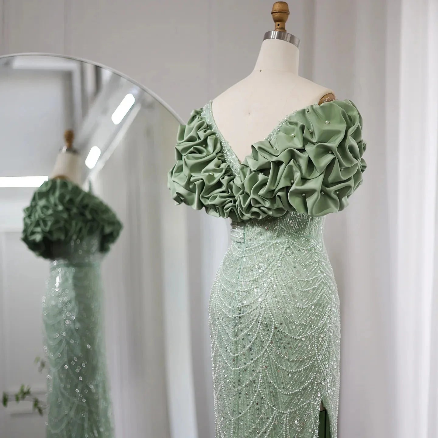 Elegant Off Shoulder Mermaid Sage Green Slit Evening Dress SS288