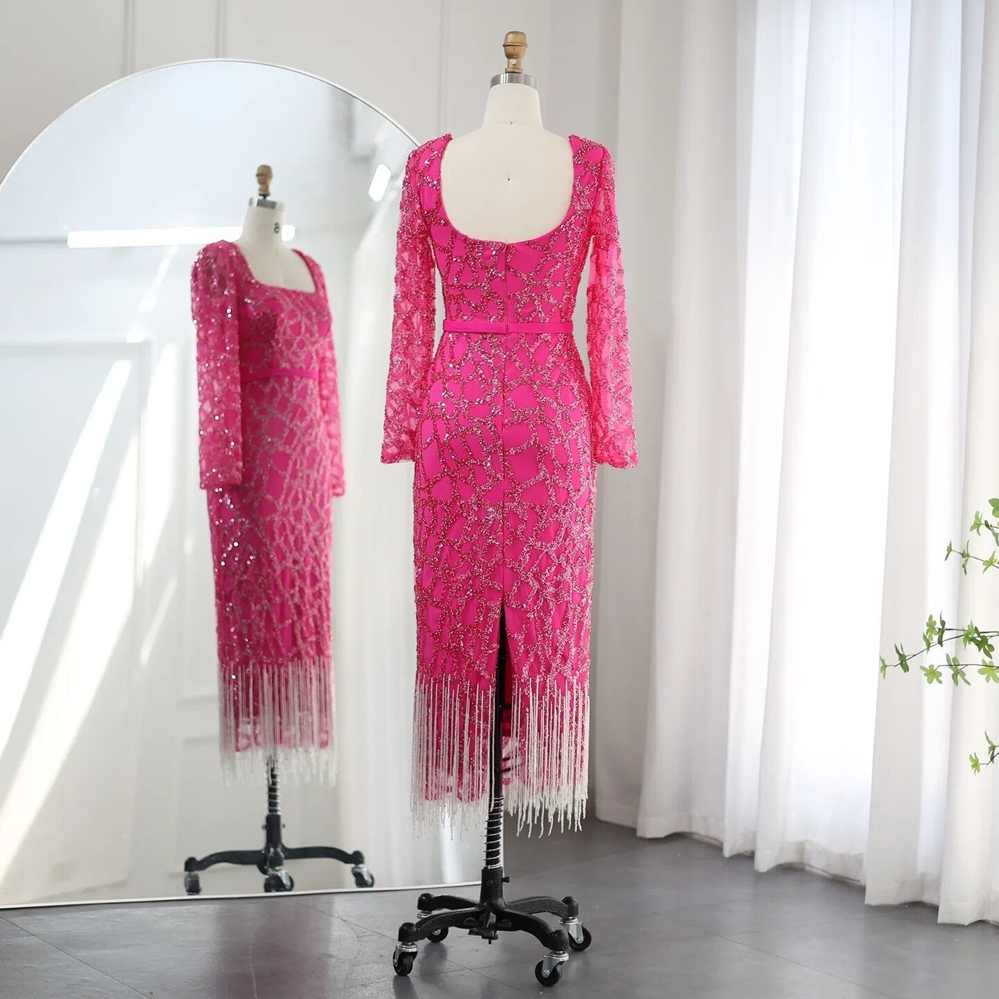 Luxury Tassel Fuchsia Long Sleeve Evening Dress SS347