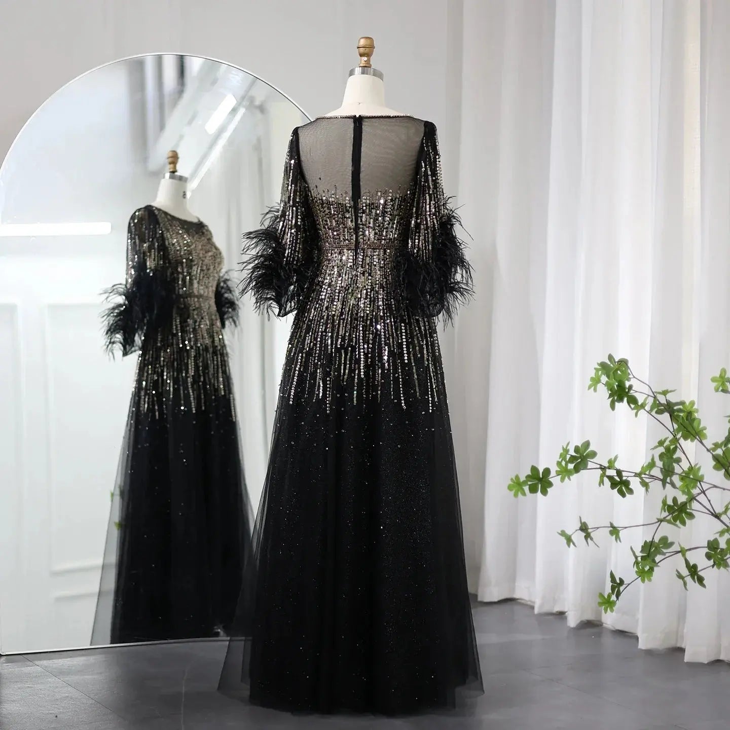 Luxury Feathers Black Half Sleeve Evening Dress SS339 Sharon Said