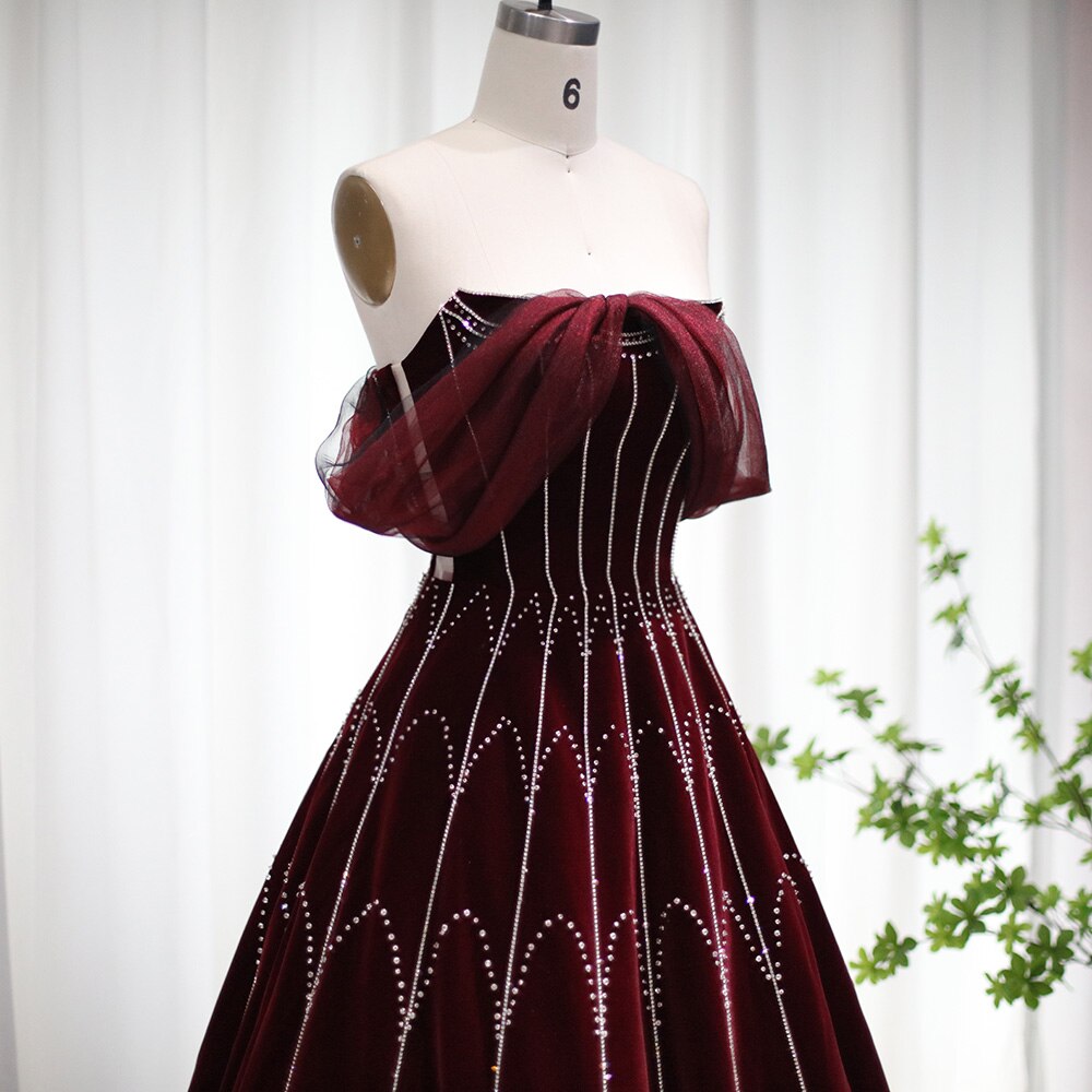 Dreamy Vow Arabic Burgundy Velvet Ball Gown Evening Dress 2023 Luxury Dubai Crystal Women Formal Party Dress for Wedding 274