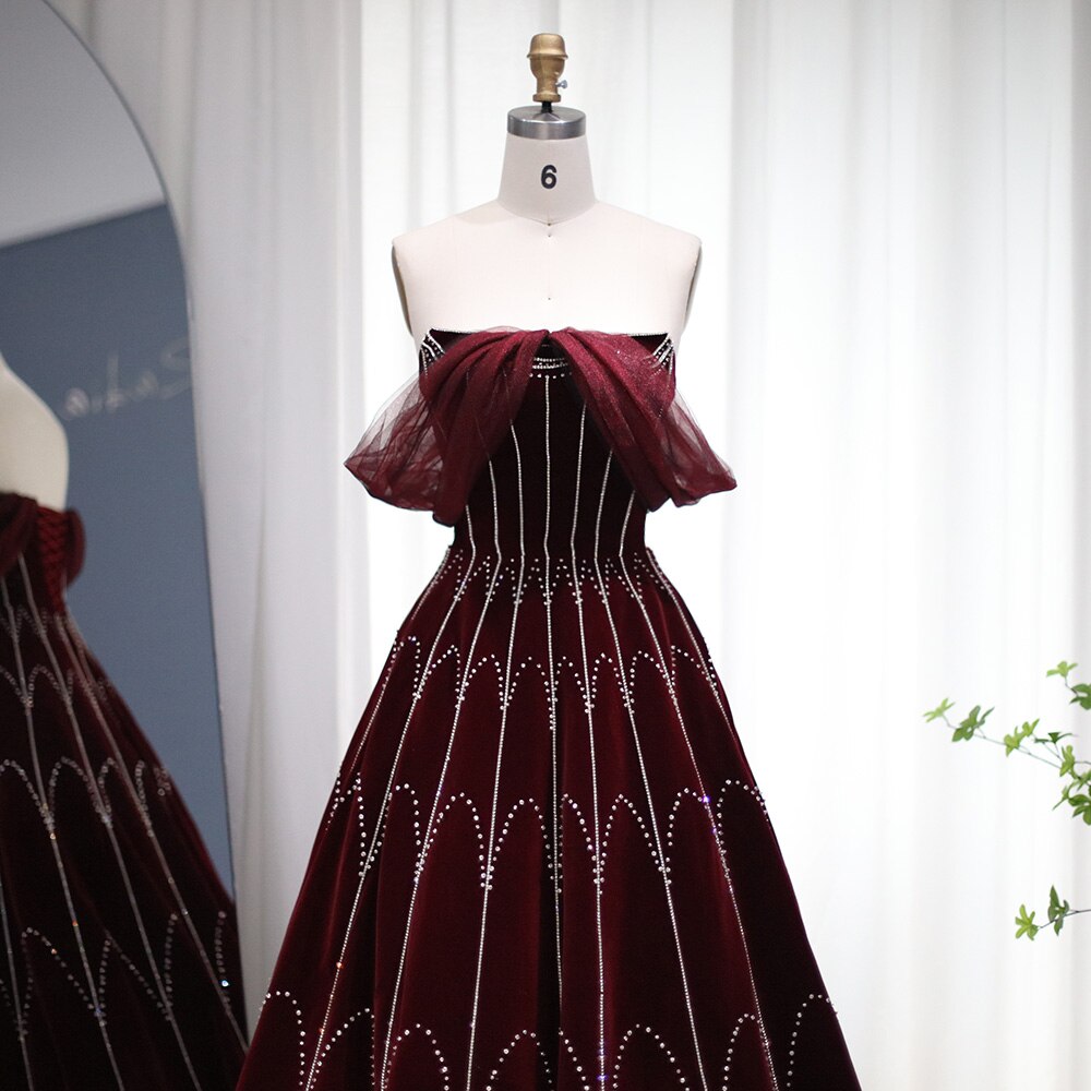 Dreamy Vow Arabic Burgundy Velvet Ball Gown Evening Dress 2023 Luxury Dubai Crystal Women Formal Party Dress for Wedding 274