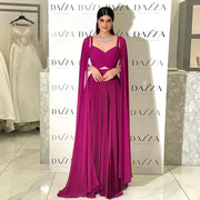 Dreamy Vow Arabic Fuchsia Chiffon Dubai Evening Dresses with Cape Sleeves Elegant Yellow Women Wedding Party Formal Gowns F090