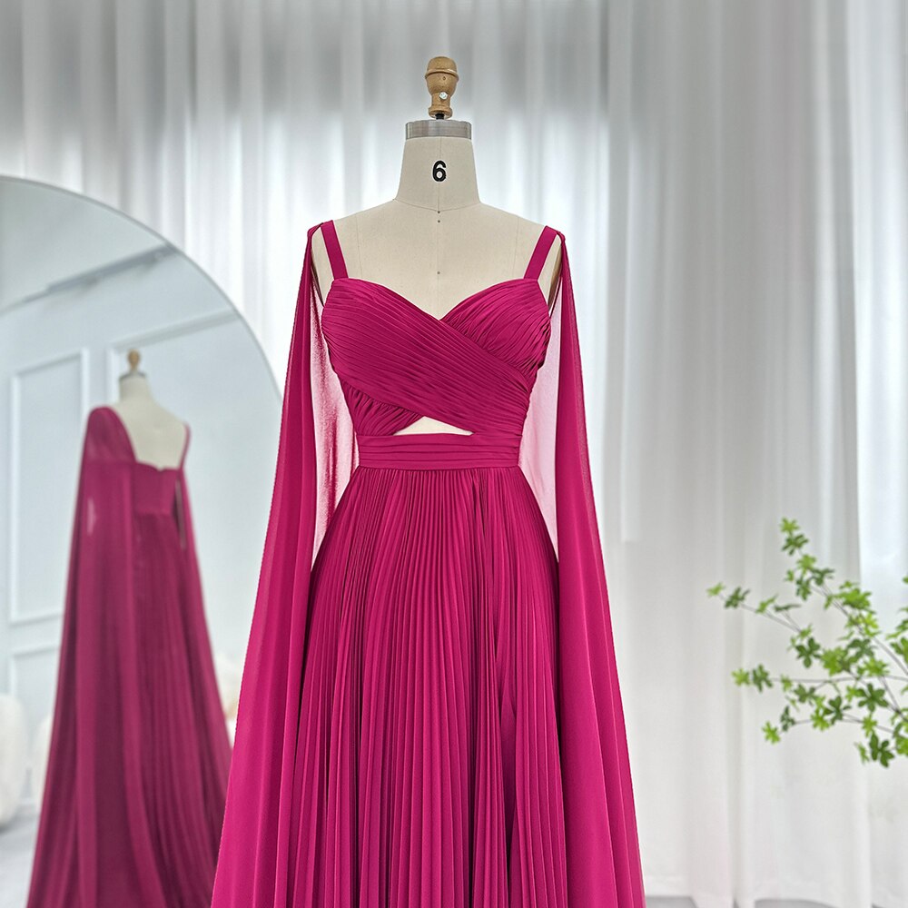 Dreamy Vow Arabic Fuchsia Chiffon Dubai Evening Dresses with Cape Sleeves Elegant Yellow Women Wedding Party Formal Gowns F090