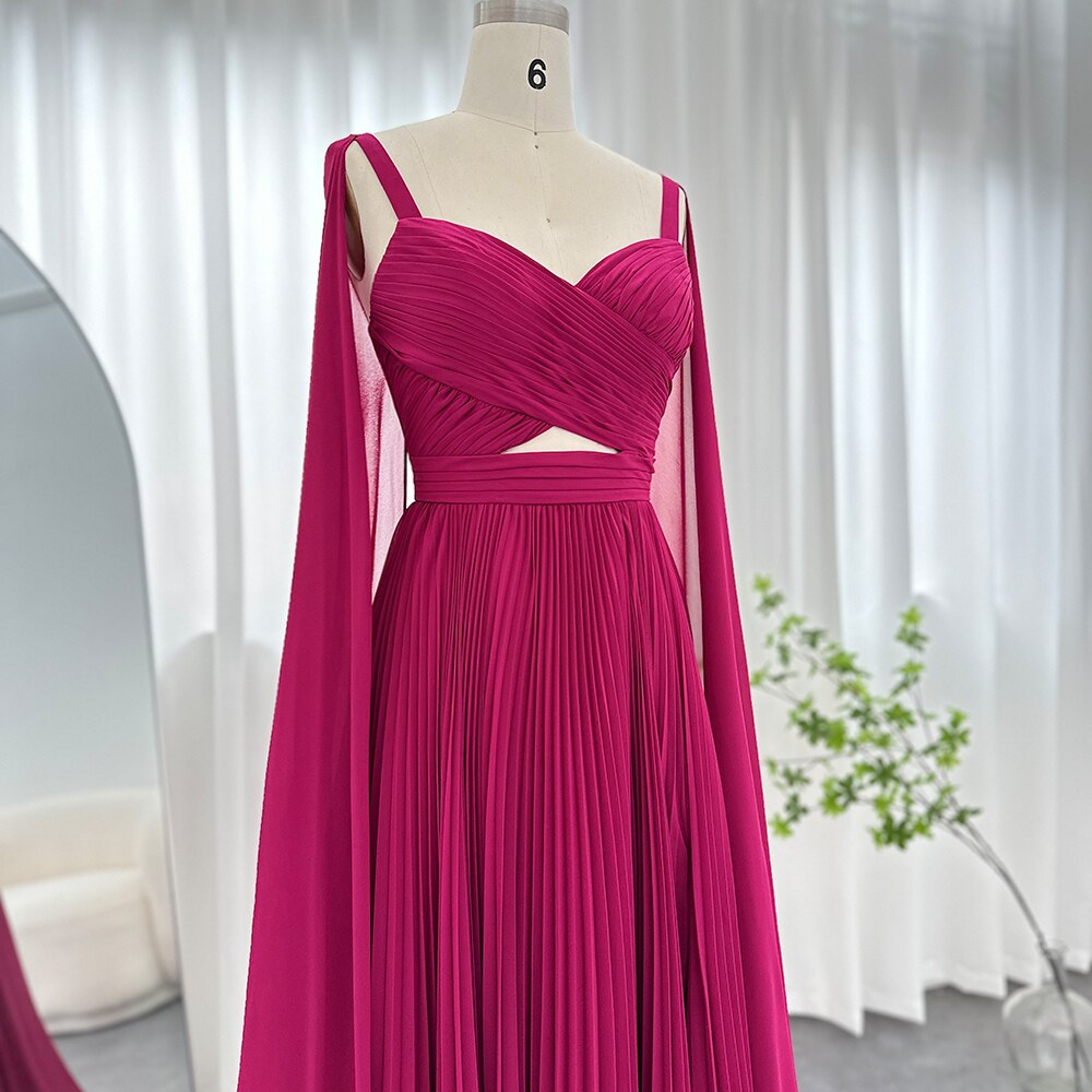 Dreamy Vow Arabic Fuchsia Chiffon Dubai Evening Dresses with Cape Sleeves Elegant Yellow Women Wedding Party Formal Gowns F090