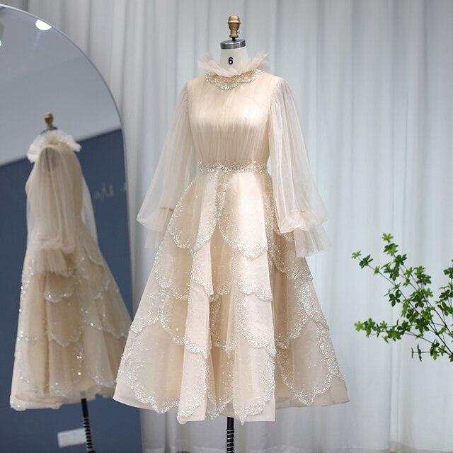 DreamyVow Champagne Long Sleeve Muslim Evening Dresses 2023 Luxury Dubai Arabic Formal Dreess for Women Wedding Party 480