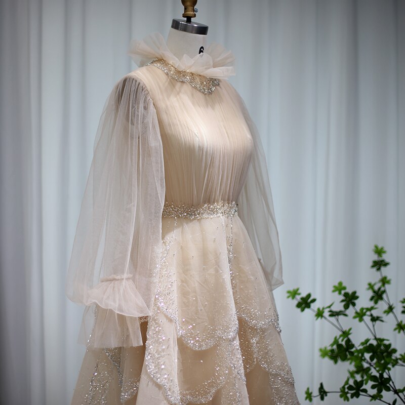 DreamyVow Champagne Long Sleeve Muslim Evening Dresses 2023 Luxury Dubai Arabic Formal Dreess for Women Wedding Party 480