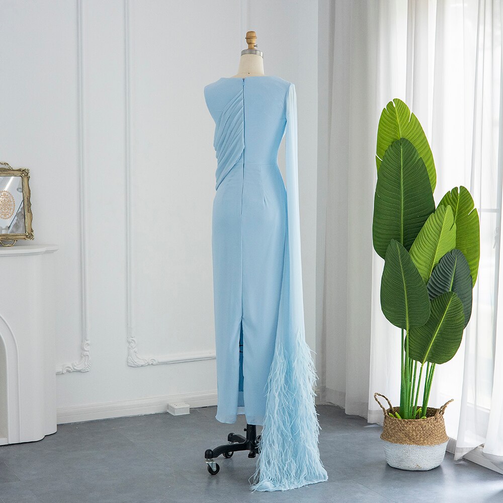 Dreamy Vow Elegant Light Blue Arabic Evening Dresses with Feathers Cape Luxury Dubai Formal Party Dress for Women Wedding 312