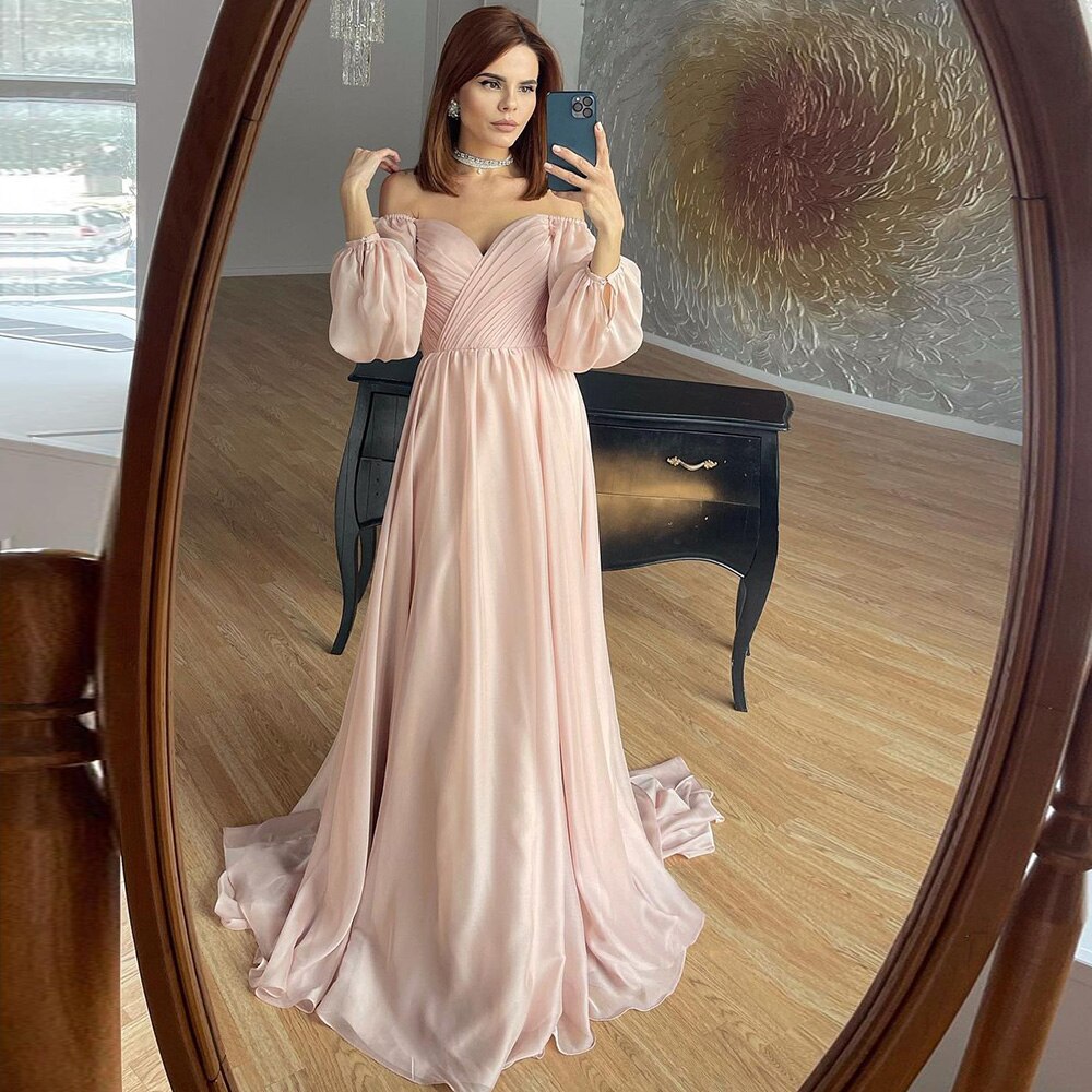 Dreamy Vow Elegant Off Shoulder White Chiffon Evening Dress for Women Wedding Dubai Blush Pink Arabic Formal Party Gowns 251