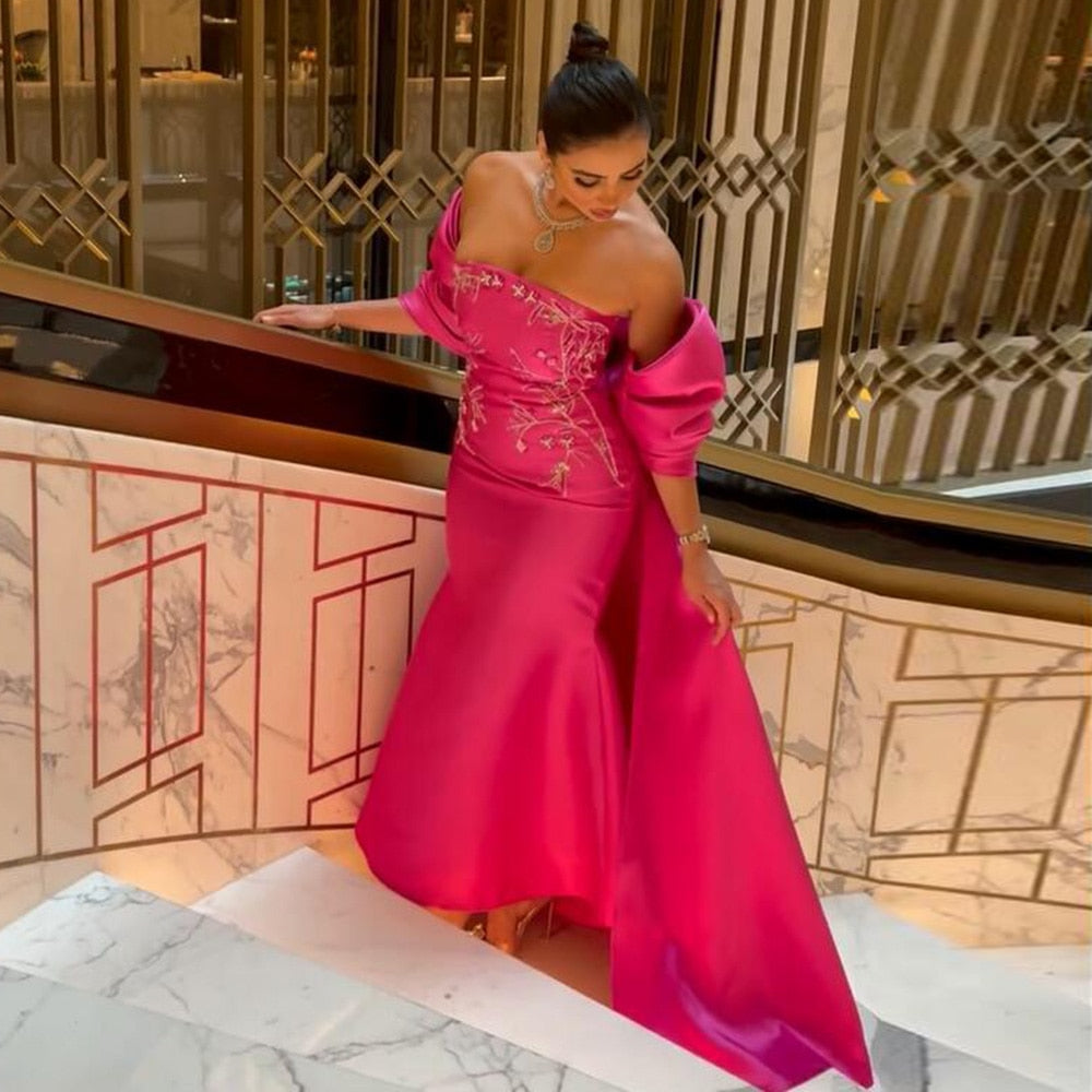 Dreamy Vow Fuchsia Mermaid Dubai Luxury Evening Dresses with Cape Shawl 2023 Arabic Women Long Wedding Party Guest Gowns 296