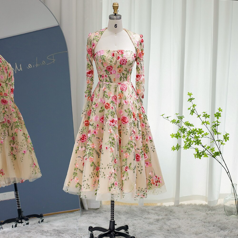 Dreamy Vow Garden Embroidery Short Evening Dress with Jacket Ankle Length Midi Formal Party Gowns for Women Wedding Guest 232