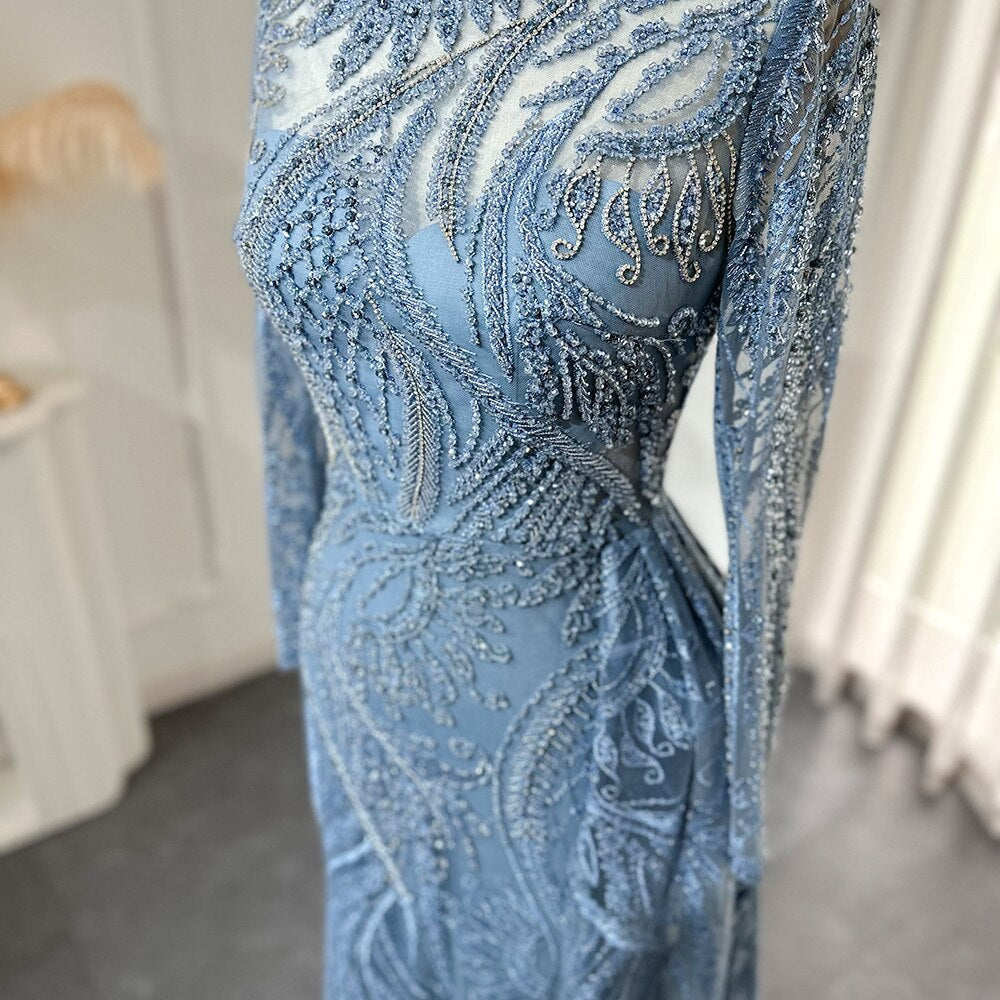 Dreamy Vow Luxury Dubai Blue Mermaid Muslim Evening Dress Overskirt Long Sleeve Plus Size Women Wedding Guest Party Gowns 141