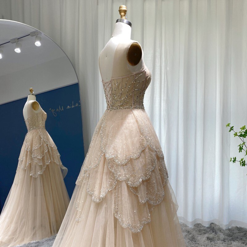 Dreamy Vow Luxury Dubai Champagne High Low Evening Dress Elegant Tiered Short Front Long Back Arabic Prom Party Gowns 249