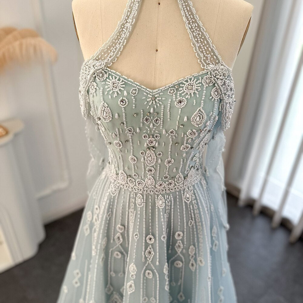 Dreamy Vow Luxury Dubai Light Blue Evening Dress for Women Wedding Elegant Off Shoulder Beaded Arabic Formal Party Gowns 418