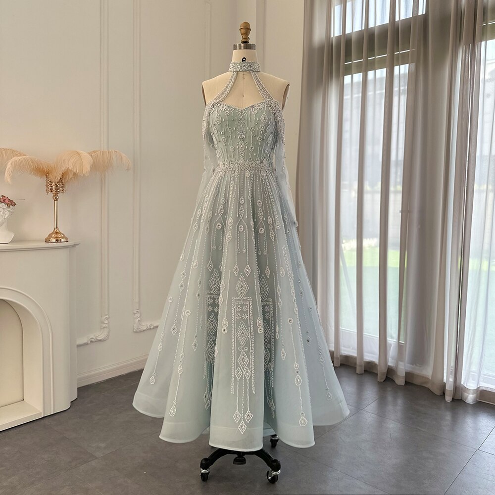 Dreamy Vow Luxury Dubai Light Blue Evening Dress for Women Wedding Elegant Off Shoulder Beaded Arabic Formal Party Gowns 418
