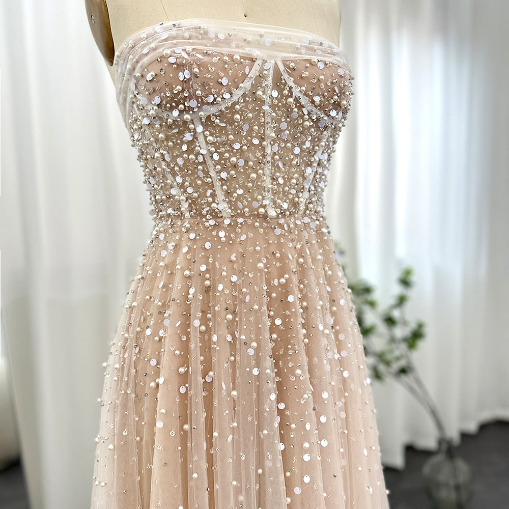 Dreamy Vow Luxury Dubai Pearls White Nude Arabic Evening Dresses with Gloves Elegant Women Wedding Bridal Party Gowns 373