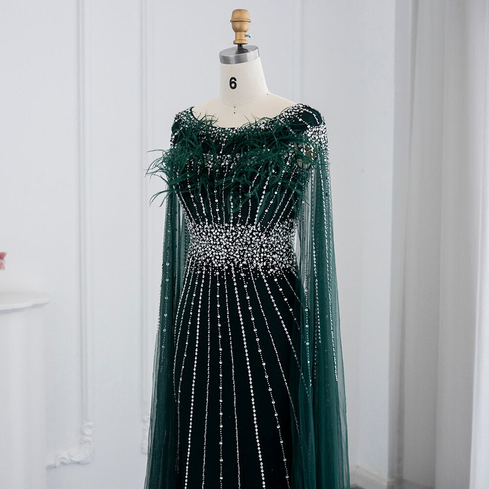 DreamyVow Luxury Feathers Silver Nude Dubai Evening Dress with Cape Sleeves Elegant Long Mermaid Formal Dress for Wedding 348