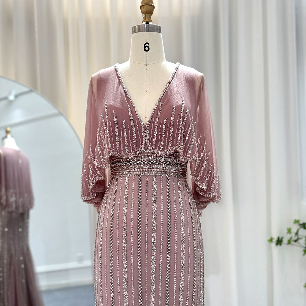 Dreamy Vow Luxury Pink Mermaid Dubai Evening Dresses with Cape 2023 Elegant V-Neck Arabic Women Wedding Formal Party Gown 284