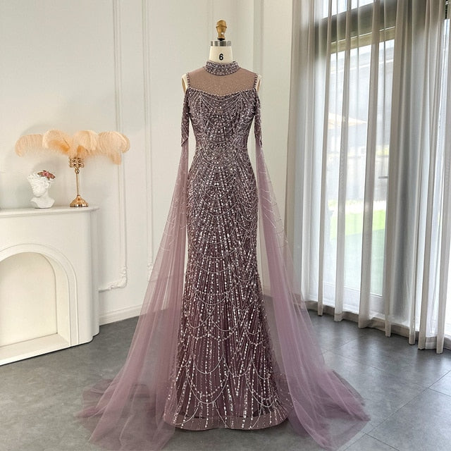 Dreamy Vow Sage Green Mermaid Luxury Dubai Evening Dress with Cape Sleeves Elegant Women Purple Wedding Formal Party Gown 205