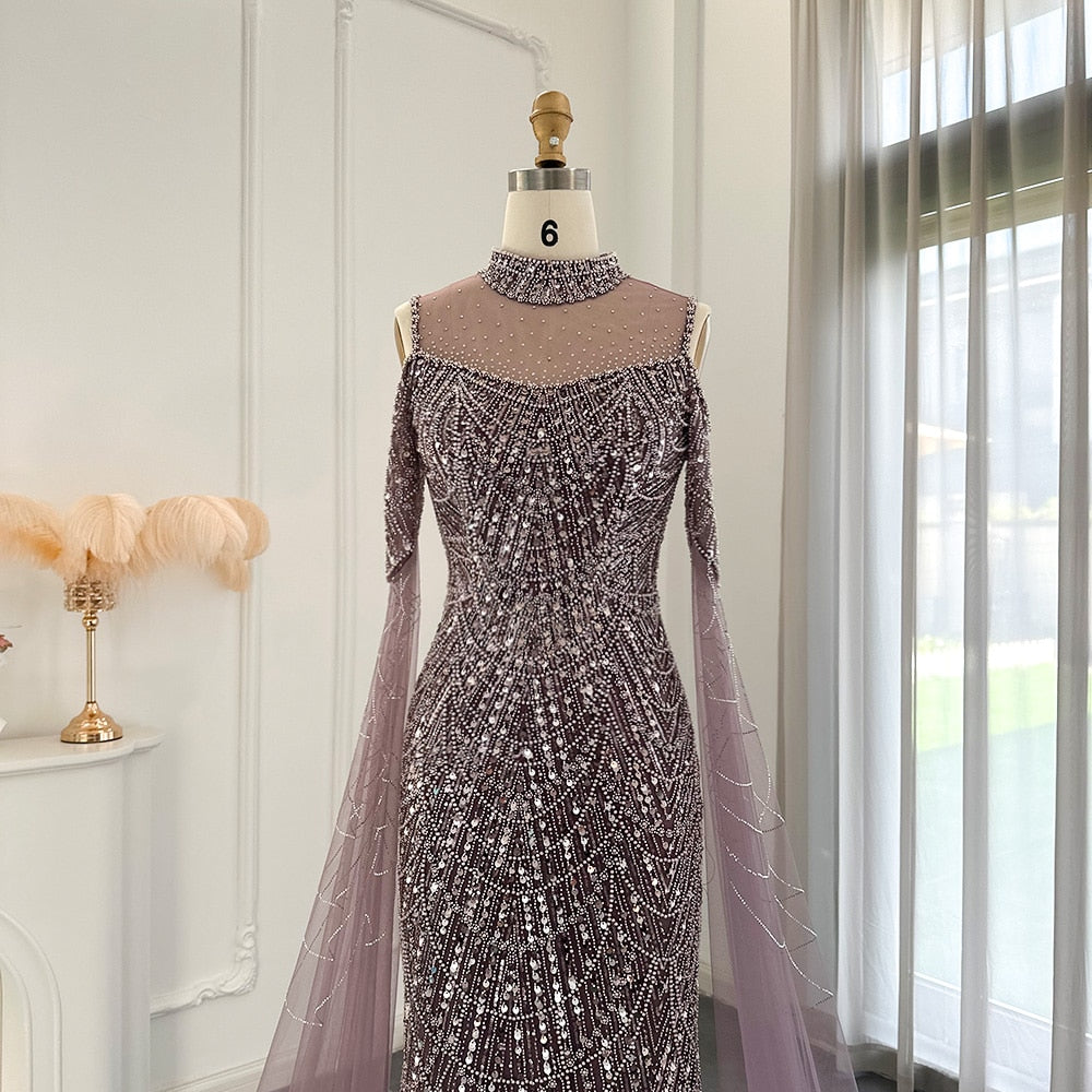 Dreamy Vow Sage Green Mermaid Luxury Dubai Evening Dress with Cape Sleeves Elegant Women Purple Wedding Formal Party Gown 205
