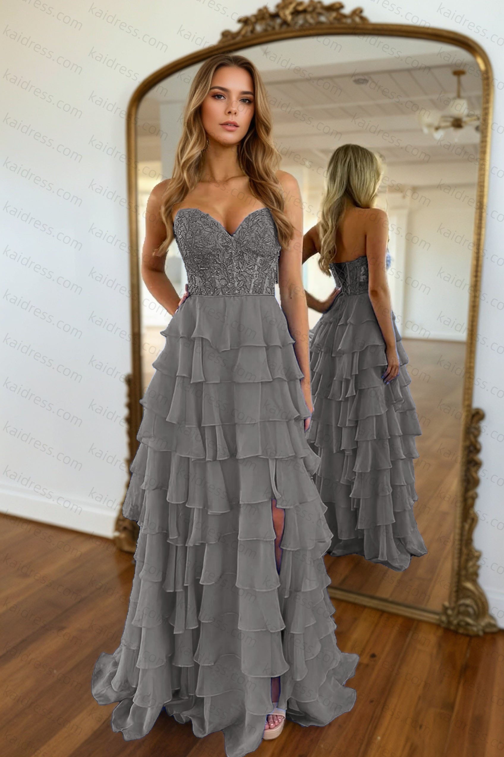 A-line/Princess Chiffon Fuchsia Sweetheart Tiered Ruffles Prom Dress with Slit Applique