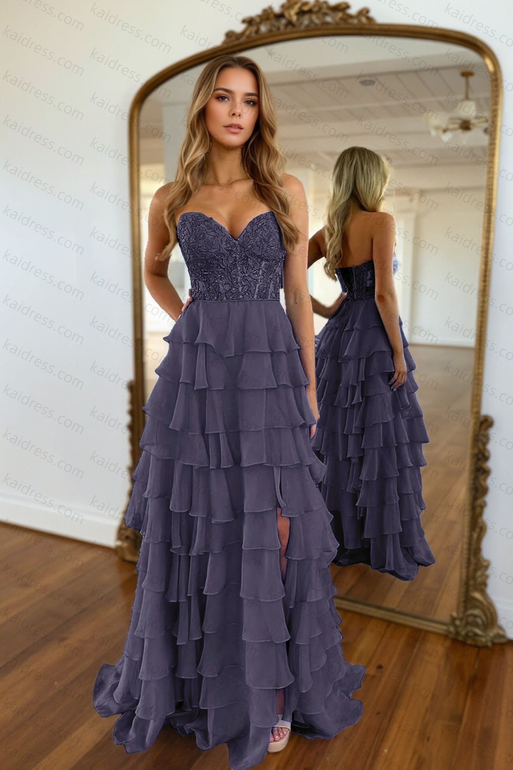 A-line/Princess Chiffon Fuchsia Sweetheart Tiered Ruffles Prom Dress with Slit Applique