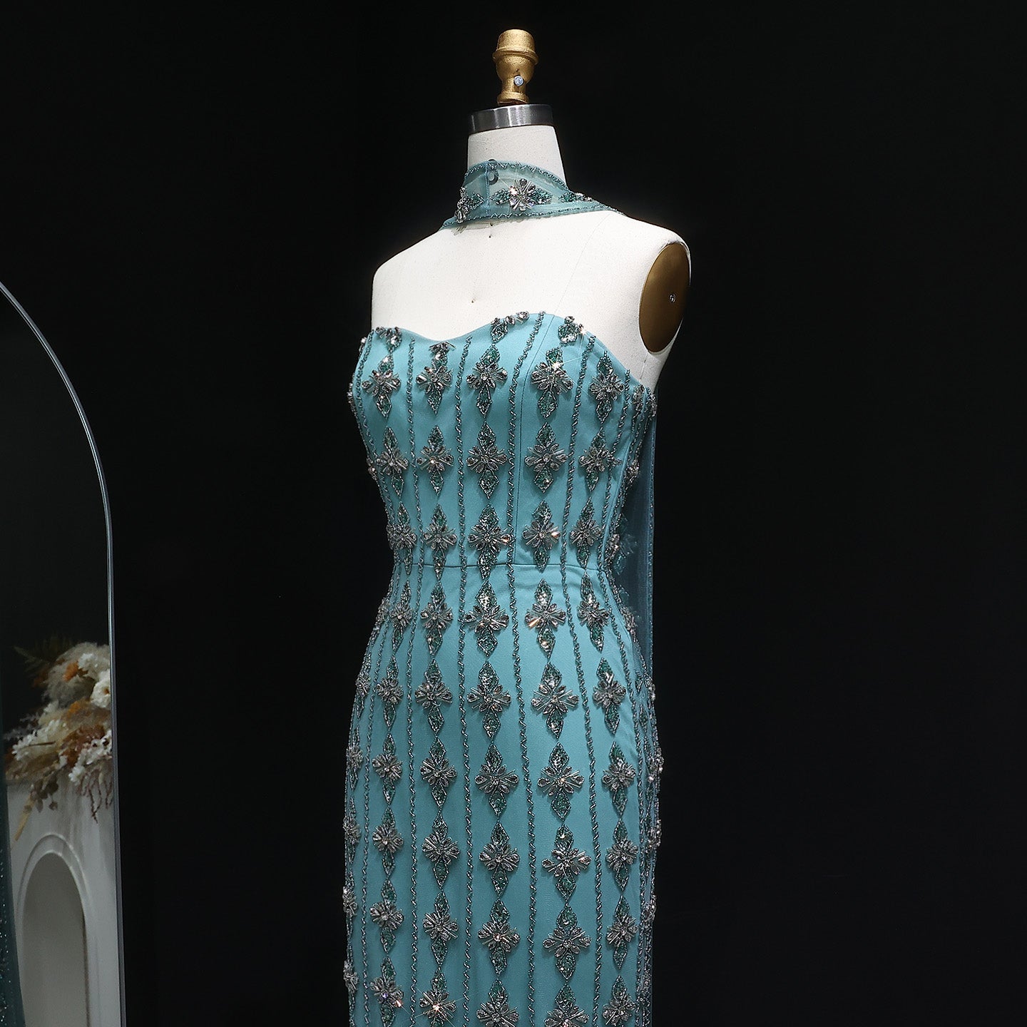 Luxury Beaded Nude Strapless Evening Dress with Scarf SS229