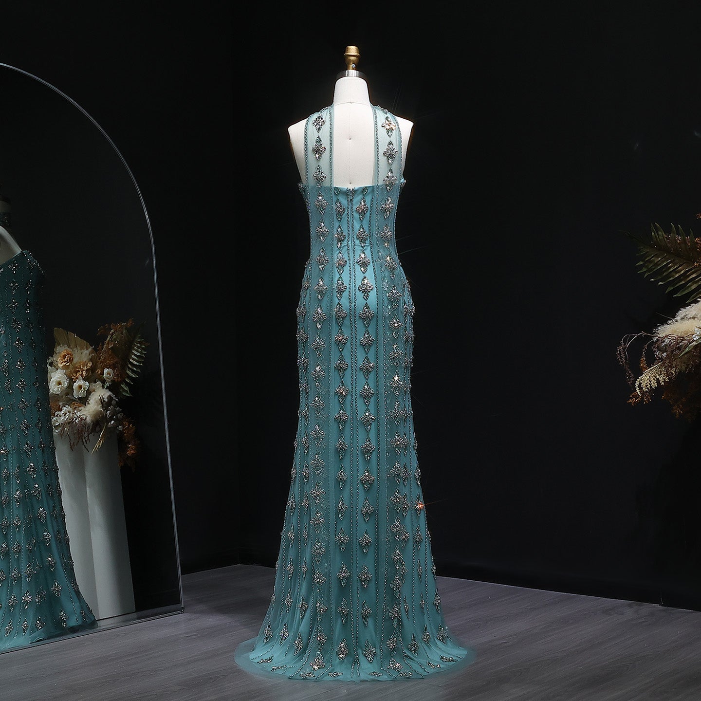 Luxury Beaded Nude Strapless Evening Dress with Scarf SS229