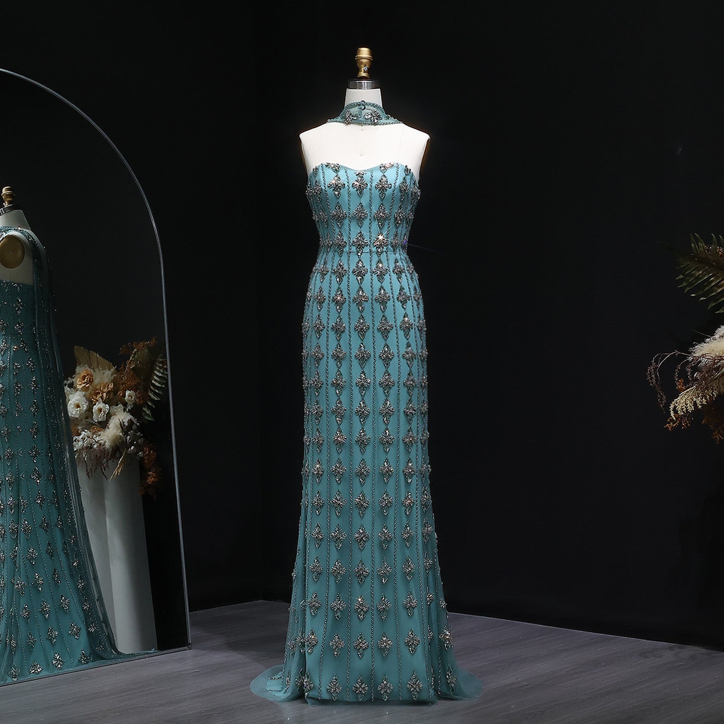 Luxury Beaded Nude Strapless Evening Dress with Scarf SS229  Turquoise / US 18