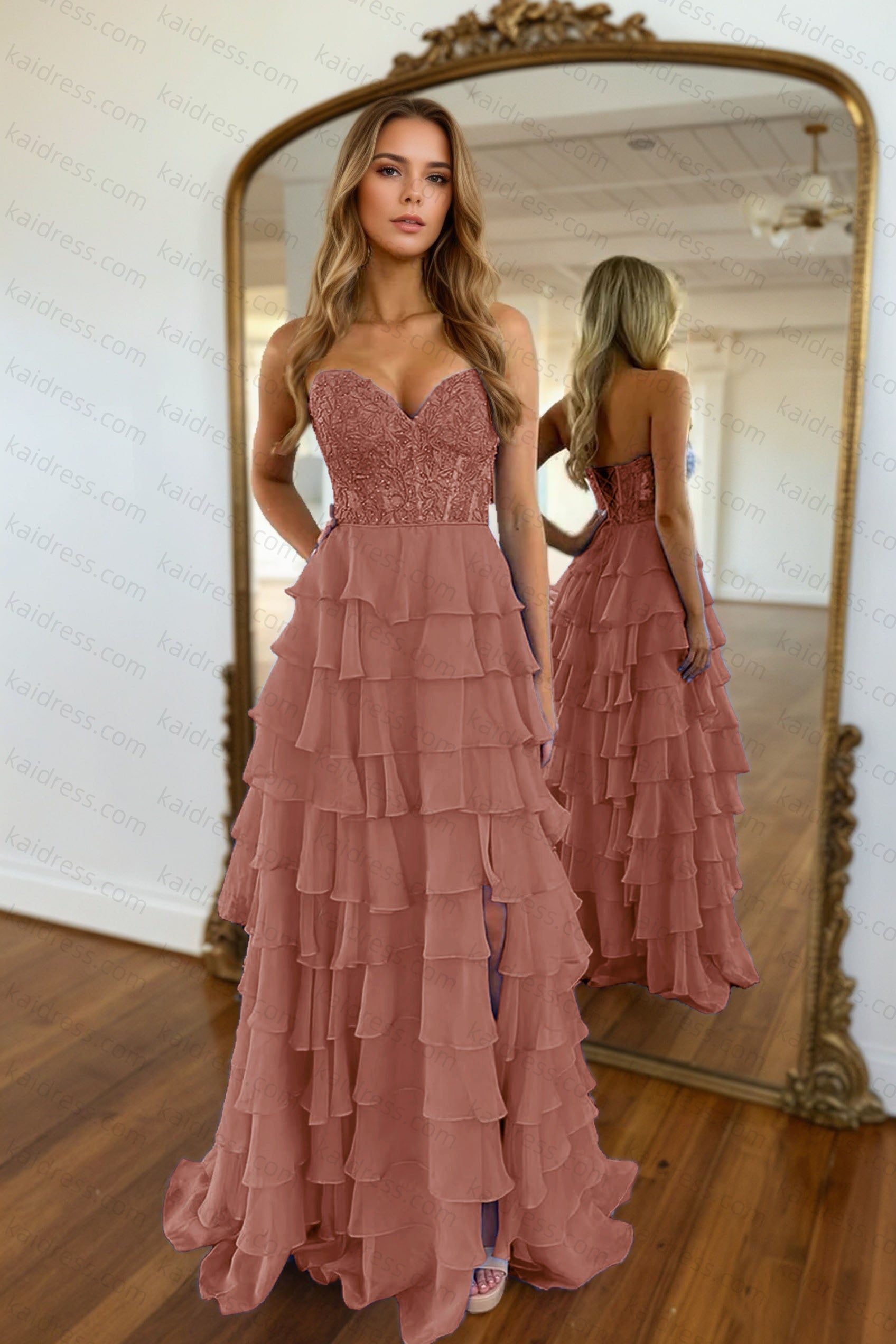 A-line/Princess Chiffon Fuchsia Sweetheart Tiered Ruffles Prom Dress with Slit Applique