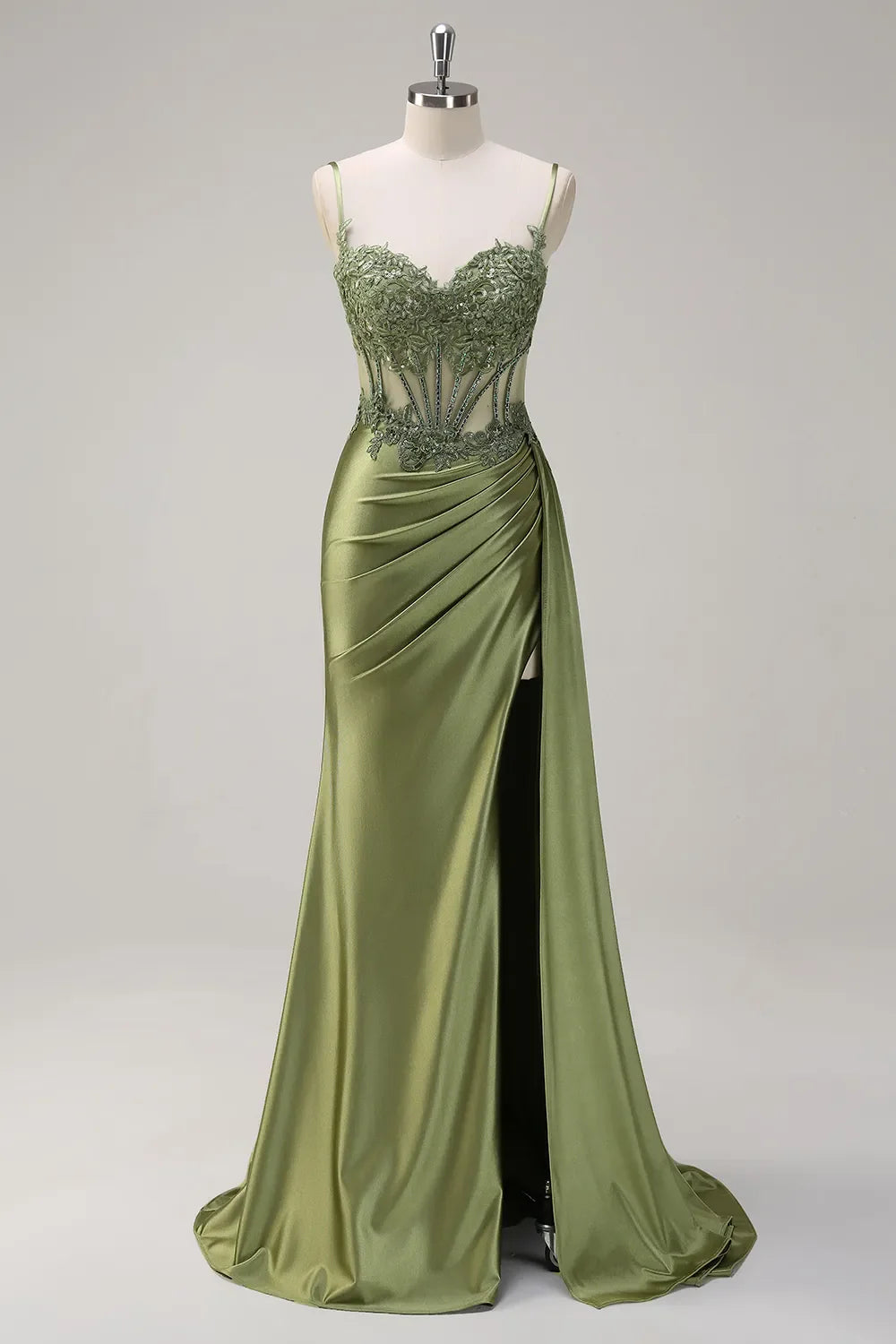 Sheath/Column Silk Spaghetti Straps Green Appliqued Sleeveless Prom Dresses With Split