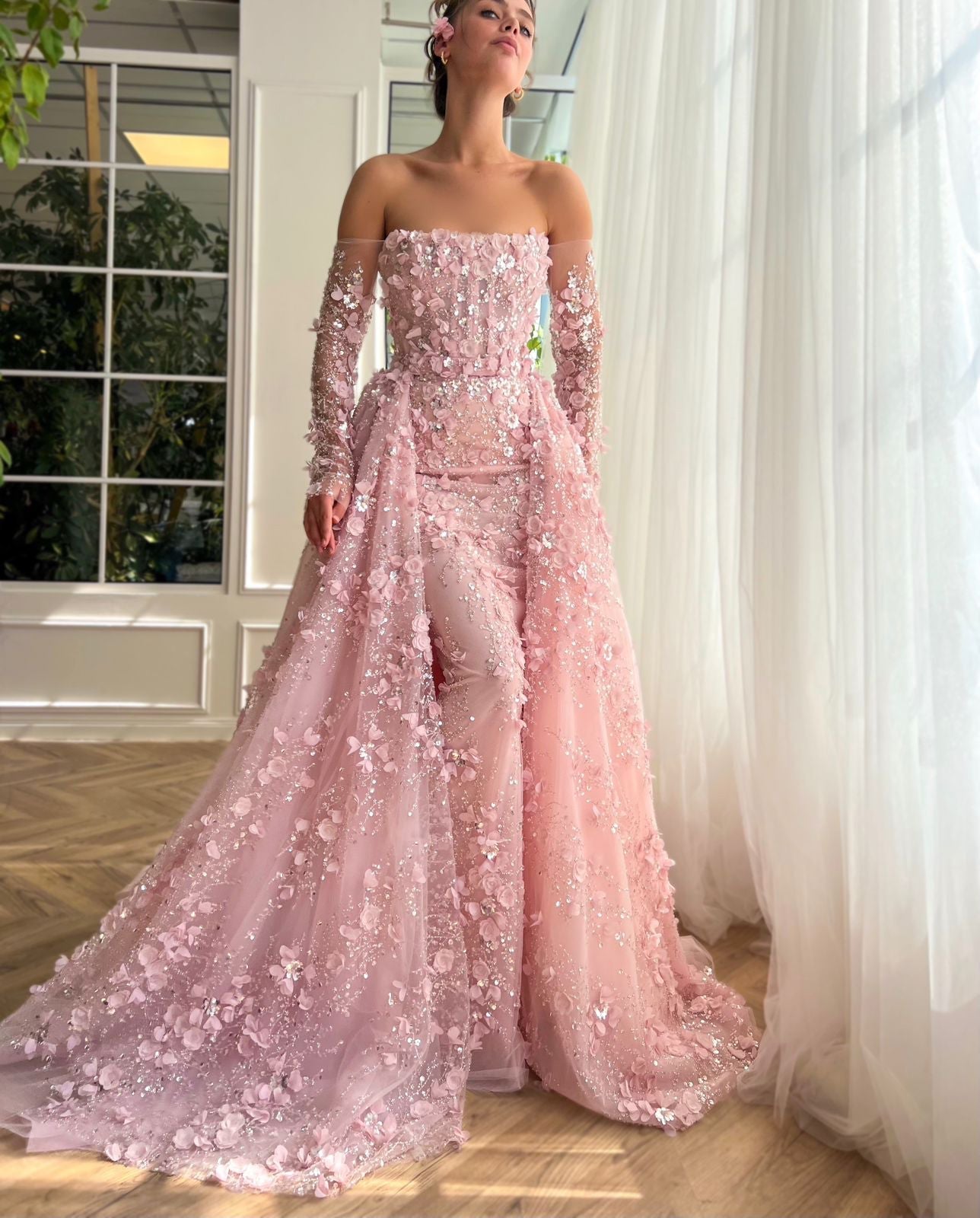 Elegant 3D Flowers Pink Evening Dress with Overskirt SS352