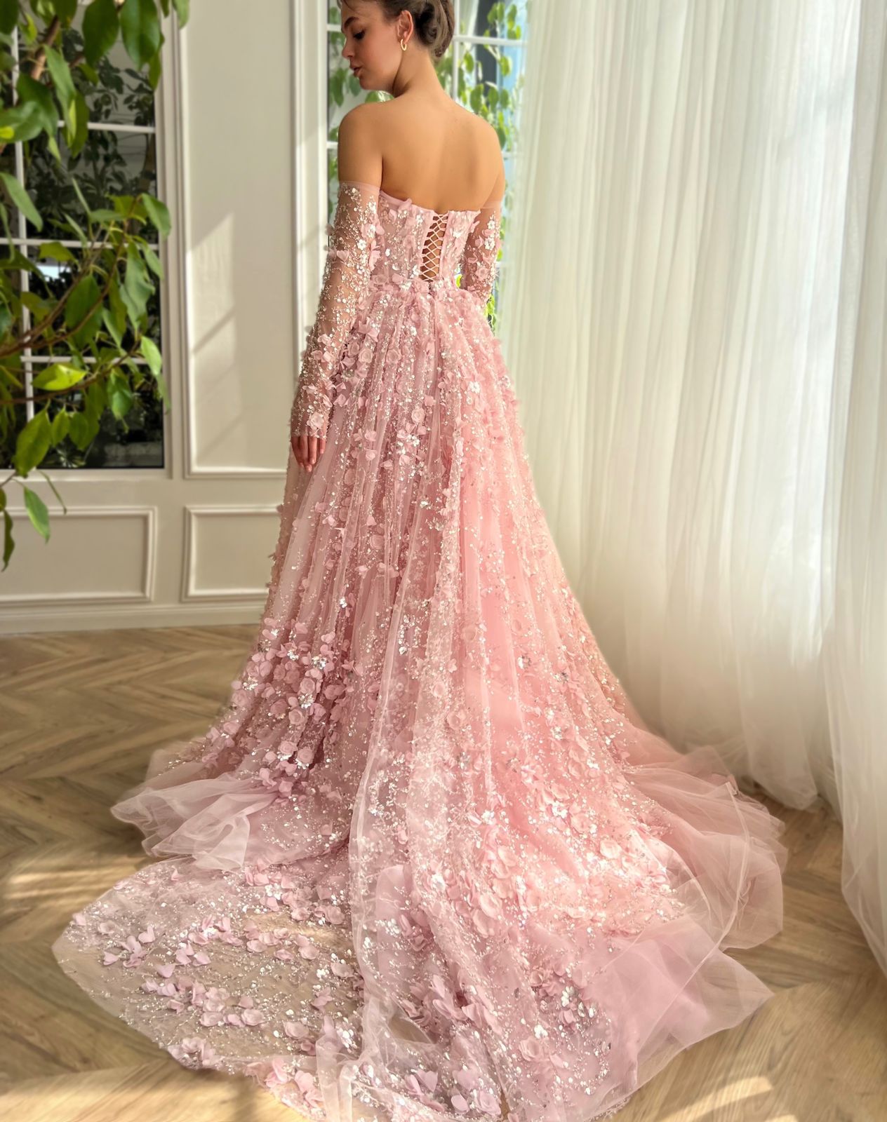 Elegant 3D Flowers Pink Evening Dress with Overskirt SS352
