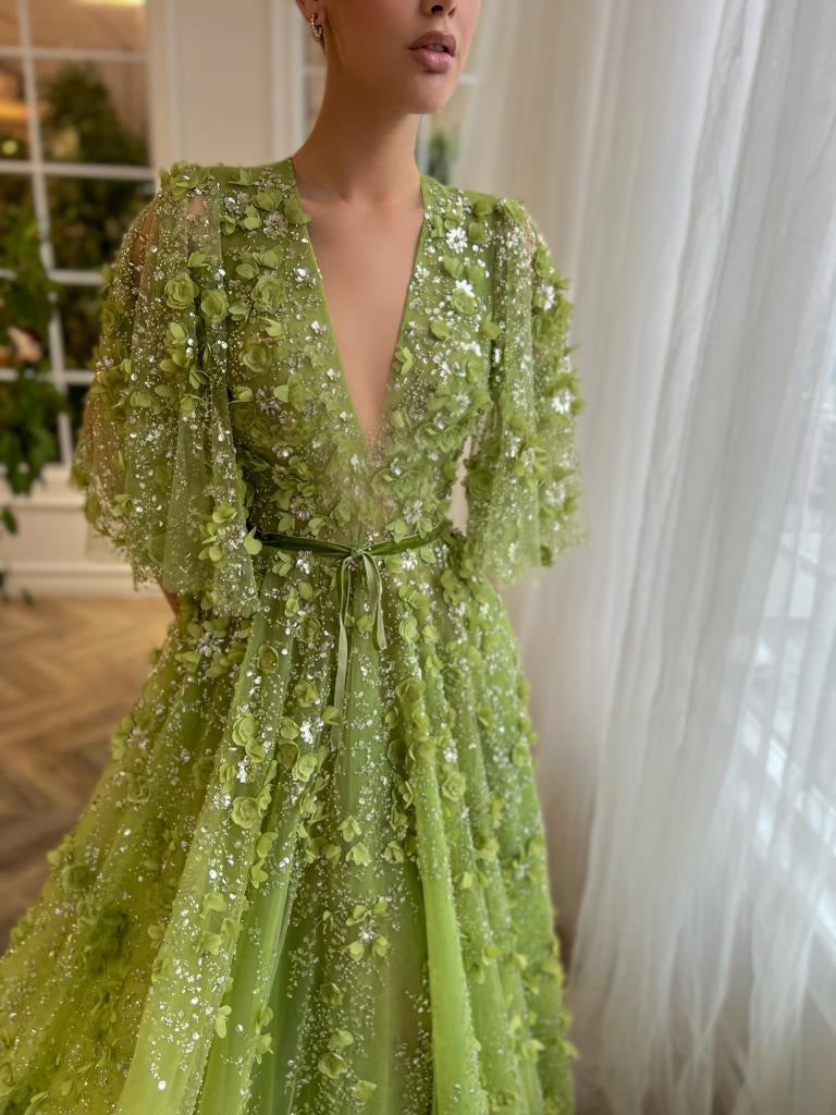 Sexy V-neck Green 3D Embroidered Flowers Evening Dress SS354