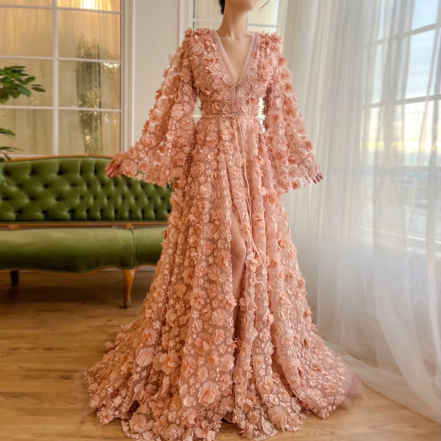 Arabic Peach-Pink 3D Flowers Long Sleeves Evening Dresses SS295  Peach pink / US 20