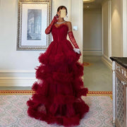 Burgundy Tulle Tiered Ruffles Evening Dresses with Gloves SS309