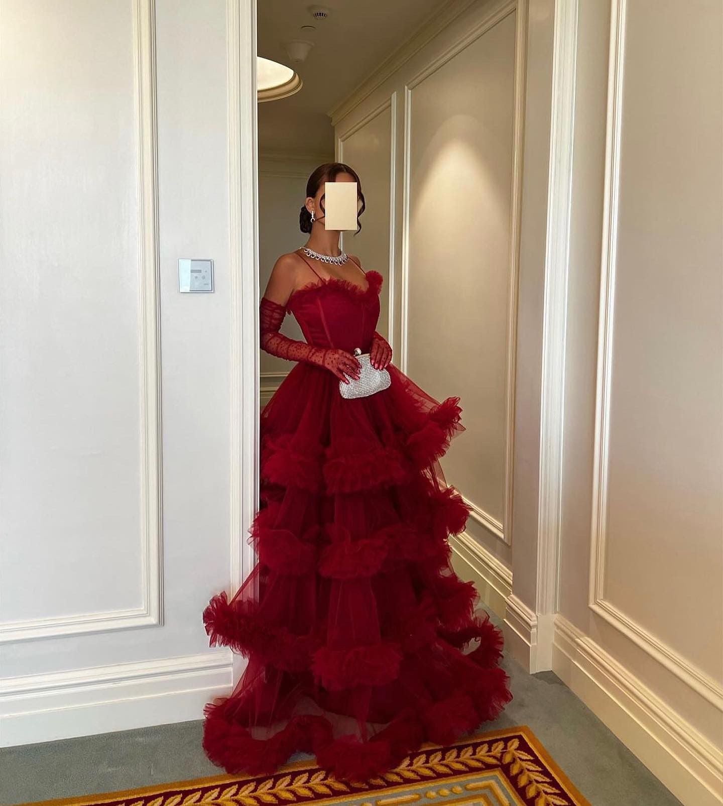 Burgundy Tulle Tiered Ruffles Evening Dresses with Gloves SS309