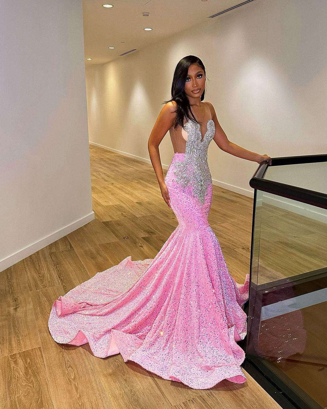 Luxury Pink Sequined Mermaid Crystal Prom Dress RM061