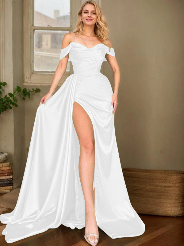 Sheath/Column Silk Like Satin Ruched Off-the-Shoulder Sleeveless Sweep/Brush Train Dresses