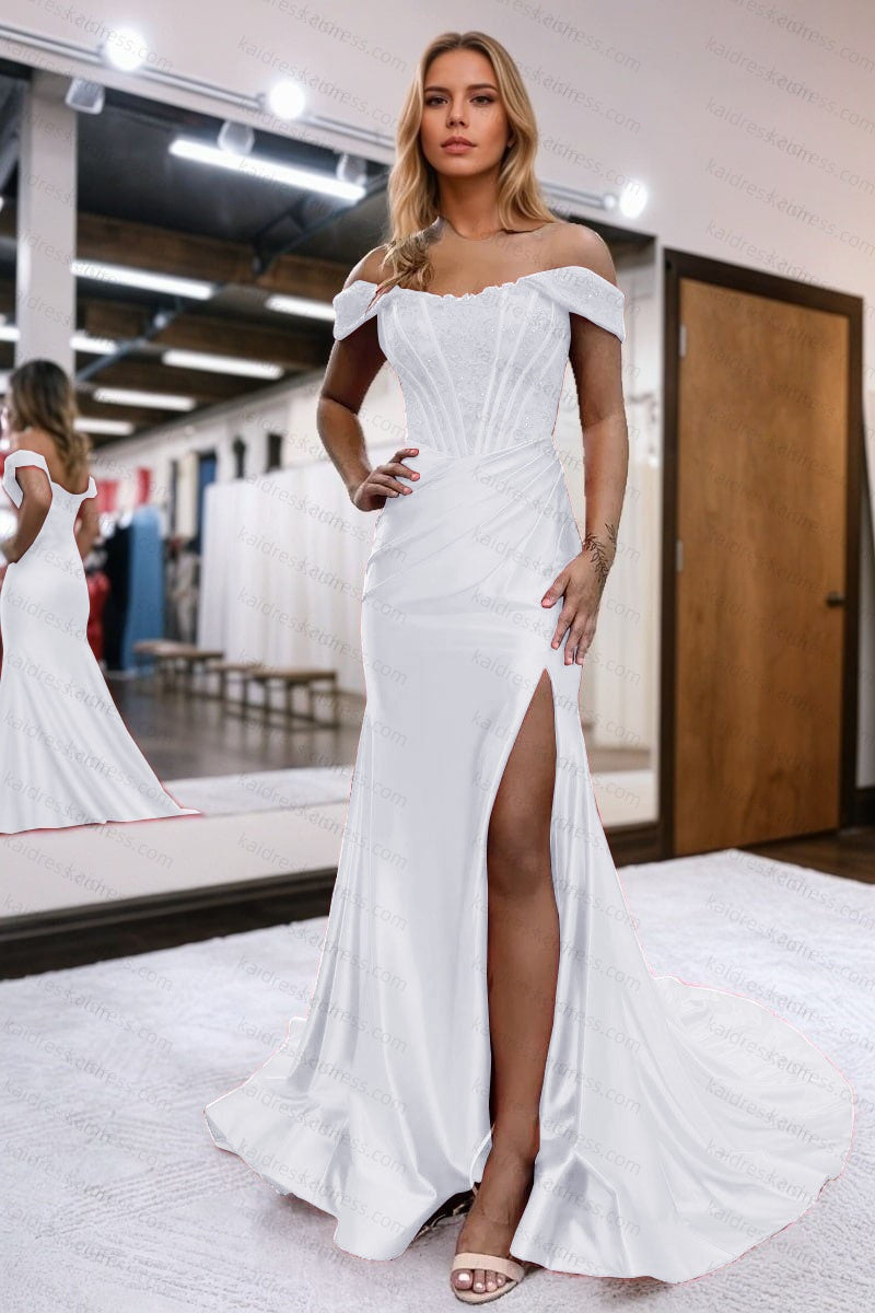 Trumpet/Mermaid Elastic Woven Satin Ruched Off-the-Shoulder Prom Dresses Sleeveless Long Green Evening Gowns