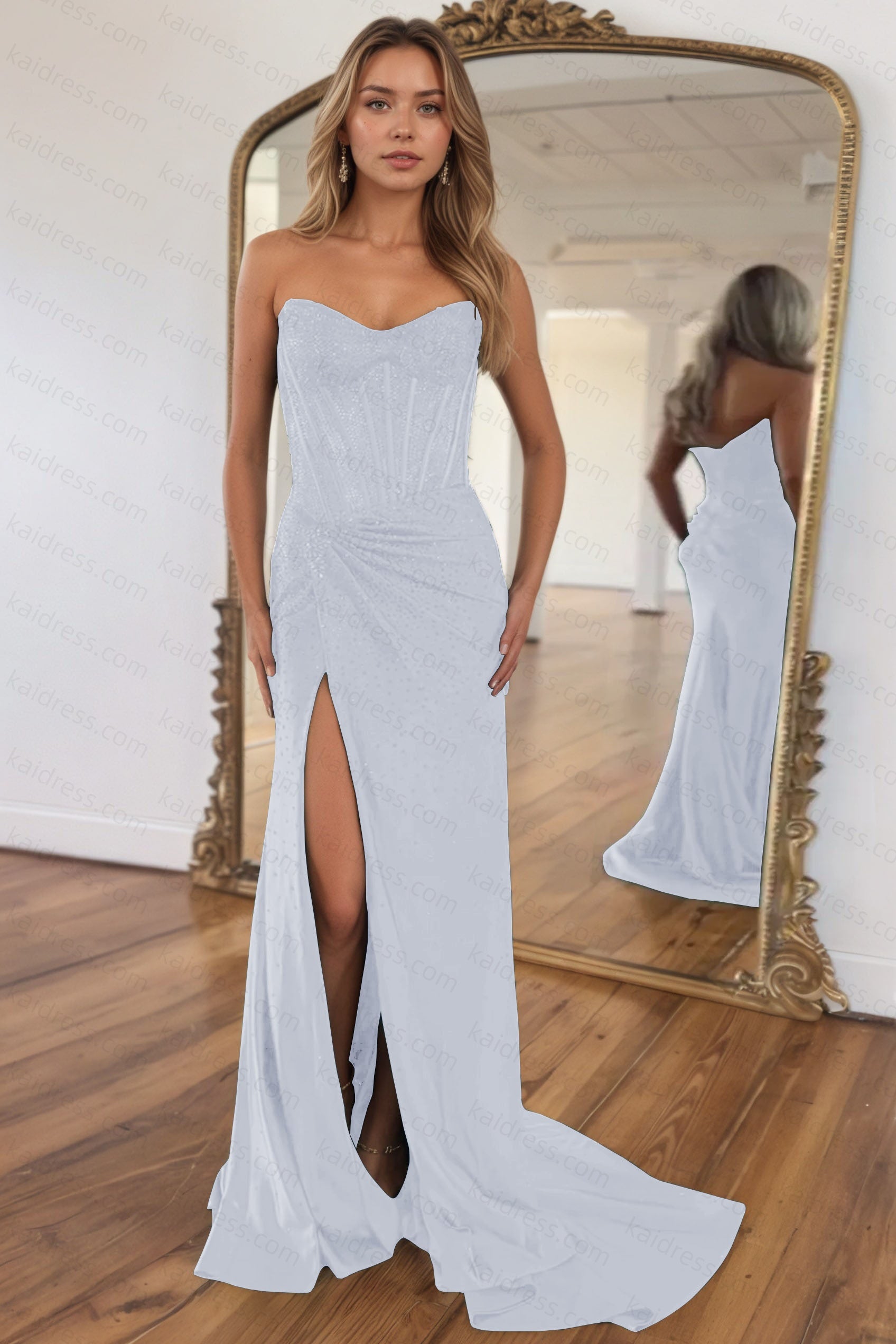 Mermaid Sparkly Golden Sweetheart Beaded Long Corset Prom Dress with Slit