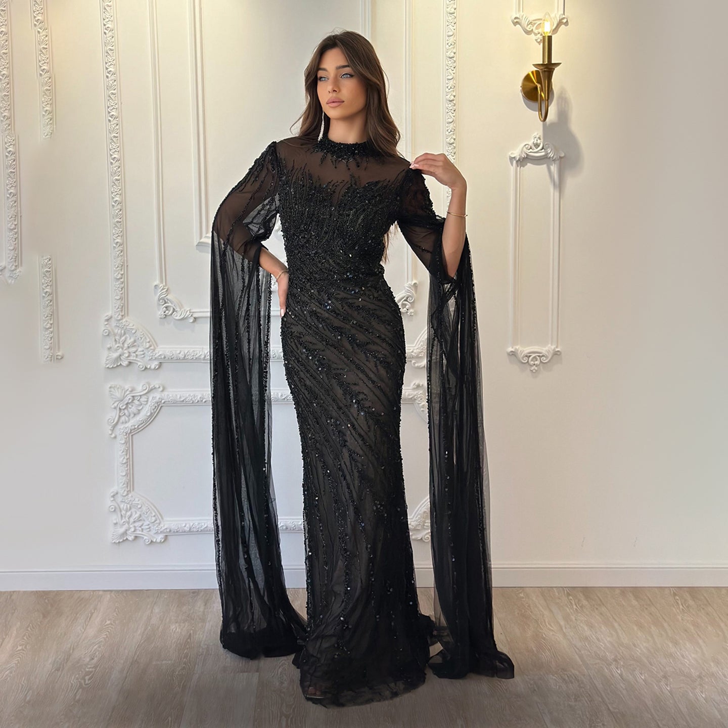 Luxury Black High Neck Evening Dress with Cape Sleeves SS162