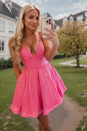 A-line V Neck Sleeveless Short/Mini Sequined Homecoming Dress with Pockets
