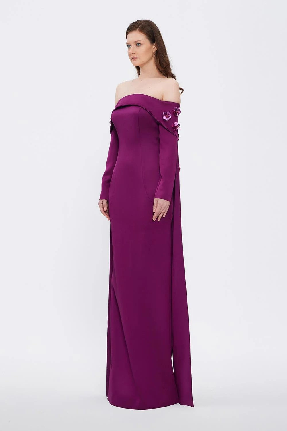 Elegant Purple 3D Flower Off Shoulder Evening Dress SF066