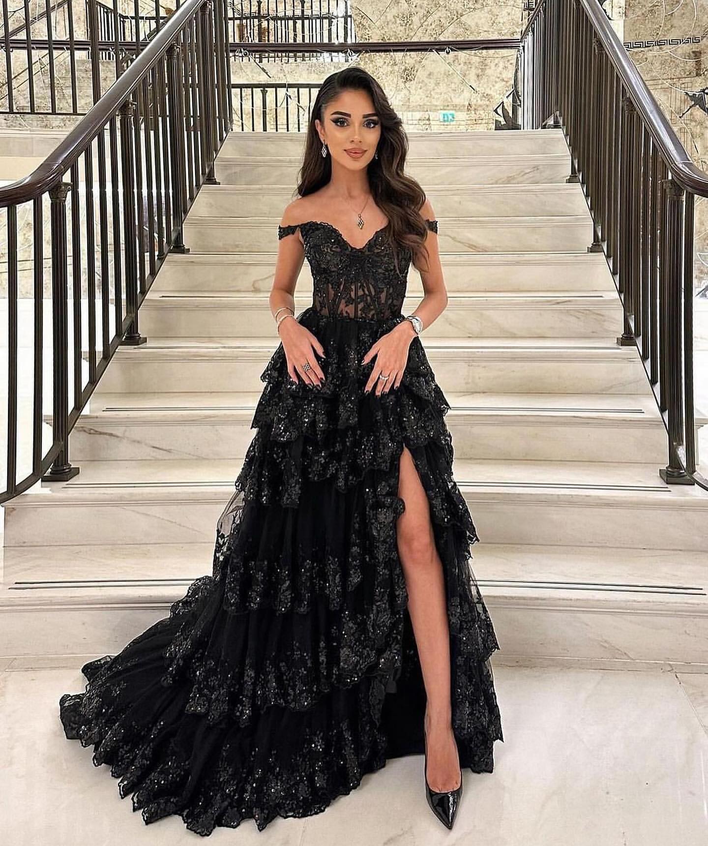 Stylish Black Ruffles Off shoulder Prom Dress with High Slit SF150