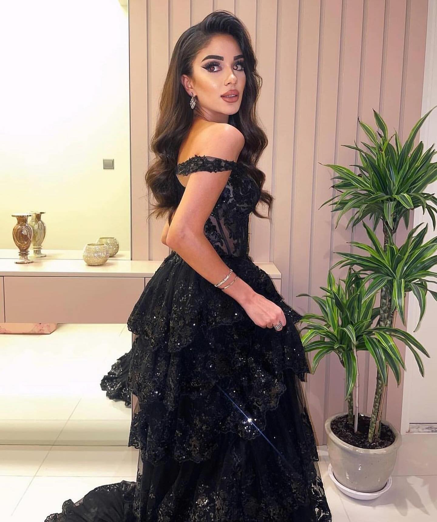 Stylish Black Ruffles Off shoulder Prom Dress with High Slit SF150