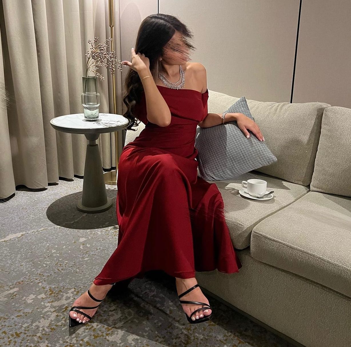 Elegant Burgundy A-Line Off Shoulder Evening Dress SF148