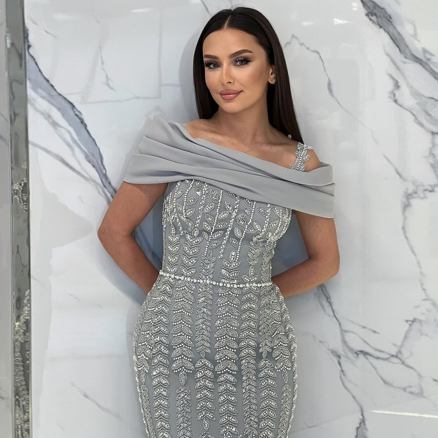 Elegant Off Shouler Silver Evening Dress with Slit SS713