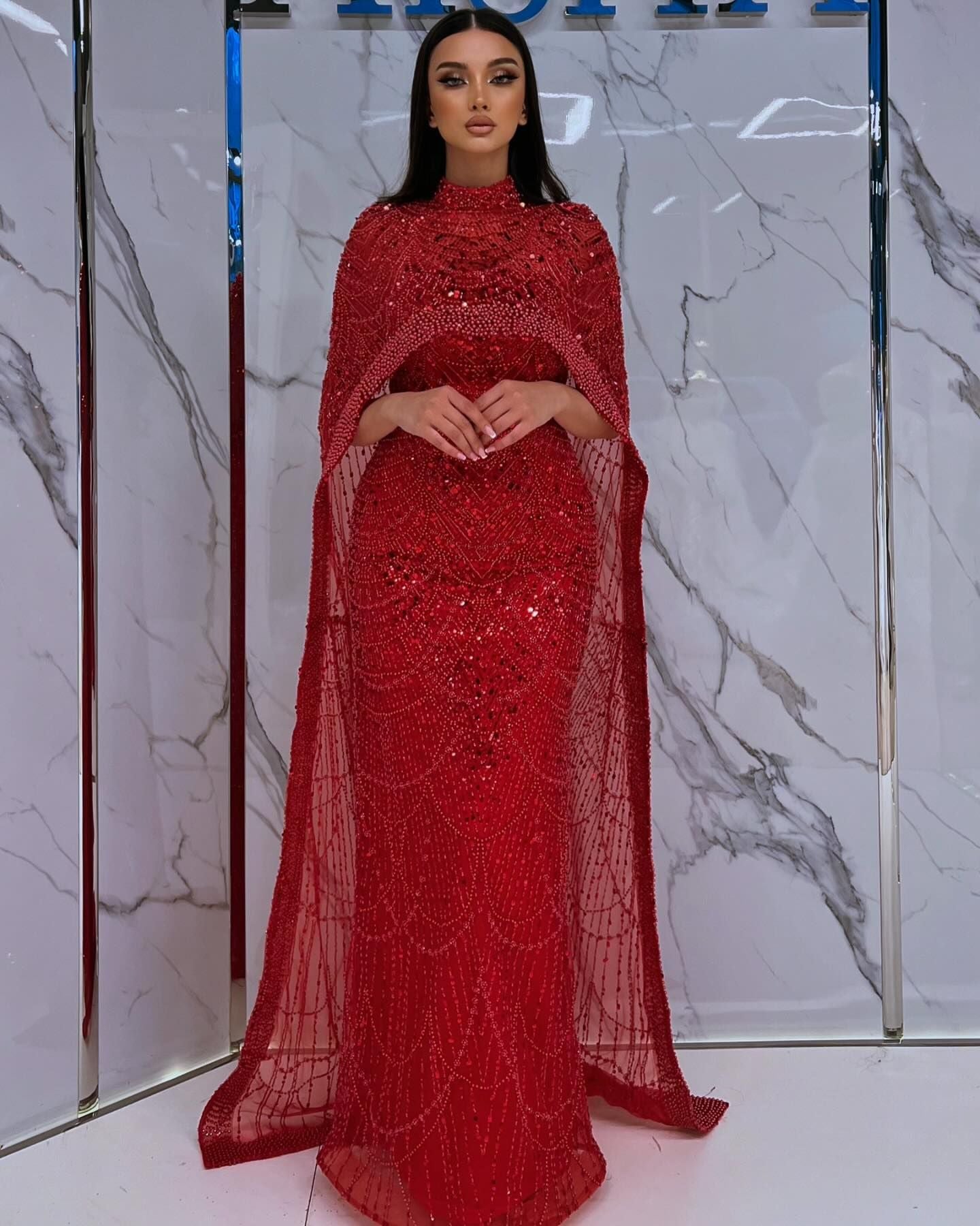 Luxury Pearls Champagne Evening Dress with Cape SS369  Wine Red / US 20